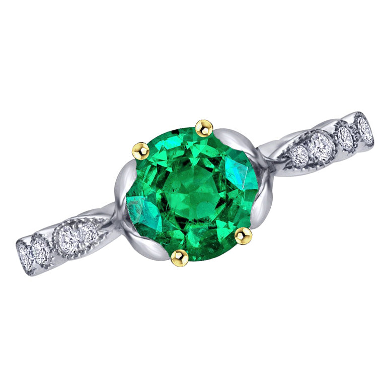 May Birthstone Green Emerald Ring Milgrain Diamond Jewelry