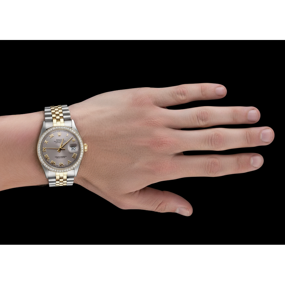 Men Gray Roman Dial Diamond Bezel Datejust Watch Two Tone Rolex QUICK SET