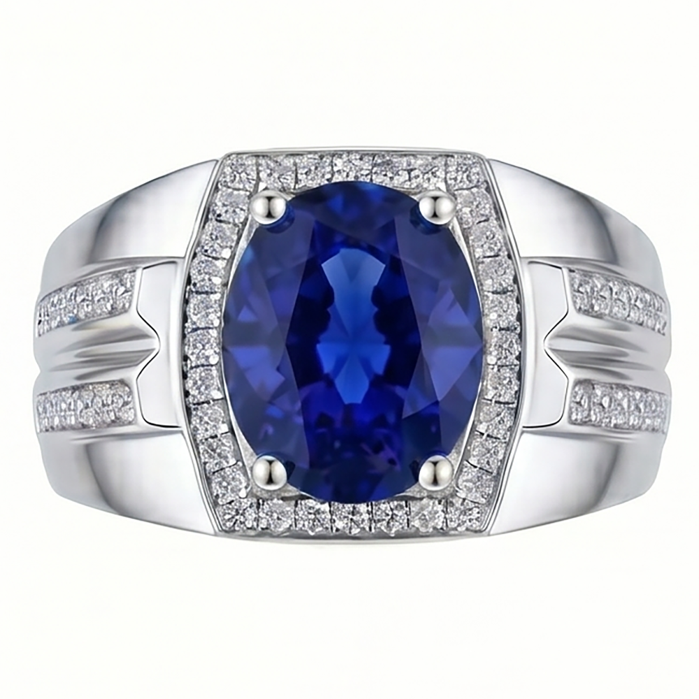 Men's Halo Ring 4 Carats Oval IGI CERTIFIED Diamond & Blue Sapphire Jewelry 14K Gold