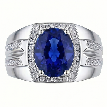Men's Halo Ring 4 Carats Oval IGI CERTIFIED Diamond & Blue Sapphire Jewelry 14K Gold
