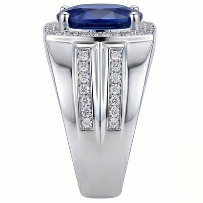 Men's Halo Ring 4 Carats Oval IGI CERTIFIED Diamond & Blue Sapphire Jewelry 14K Gold