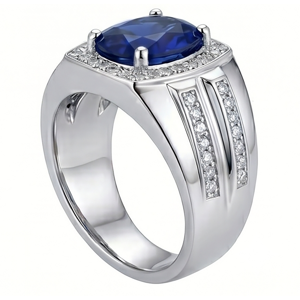 Men's Halo Ring 4 Carats Oval IGI CERTIFIED Diamond & Blue Sapphire Jewelry 14K Gold