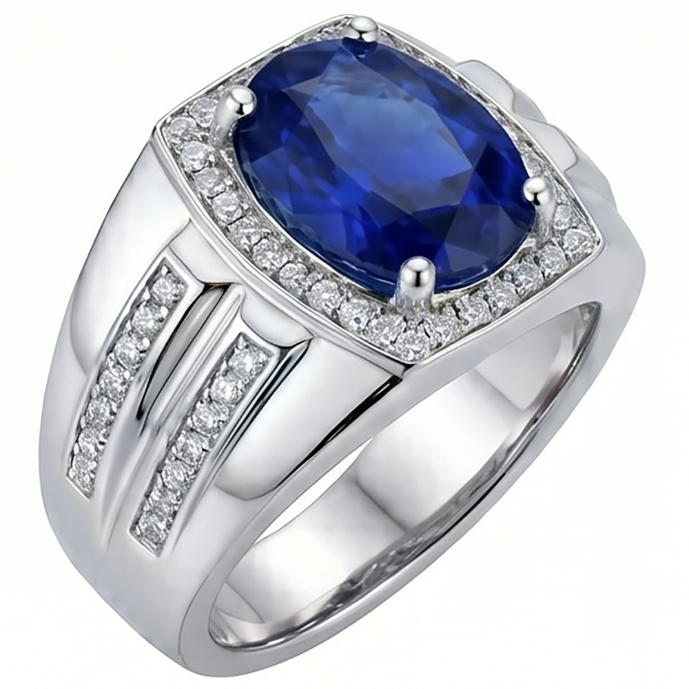 Men's Halo Ring 4 Carats Oval IGI CERTIFIED Diamond & Blue Sapphire Jewelry 14K Gold