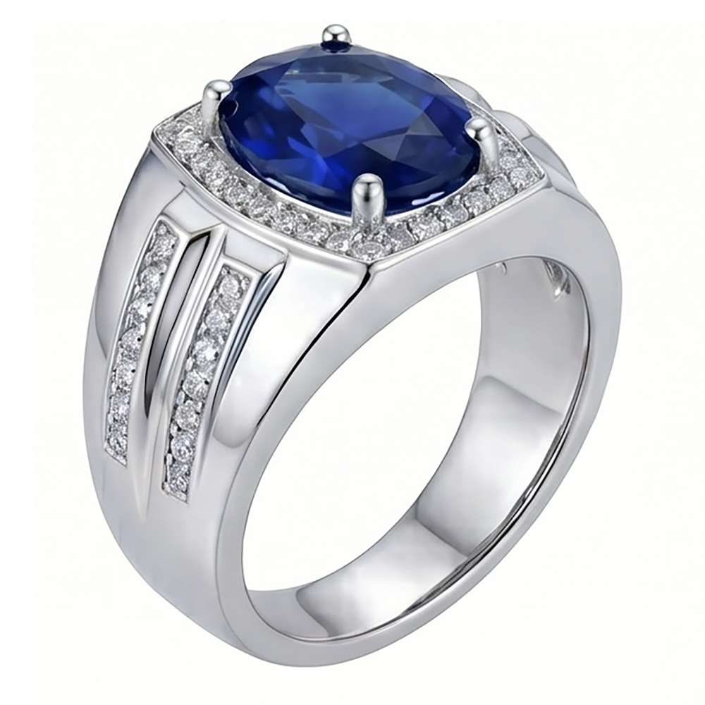 Men's Halo Ring 4 Carats Oval IGI CERTIFIED Diamond & Blue Sapphire Jewelry 14K Gold