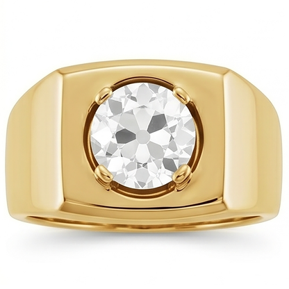 Men’s Old Mine Cut Round Diamond Thick Shank Yellow Gold Ring 2 Carats