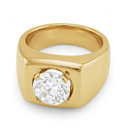 Men’s Old Mine Cut Round Diamond Thick Shank Yellow Gold Ring 2 Carats