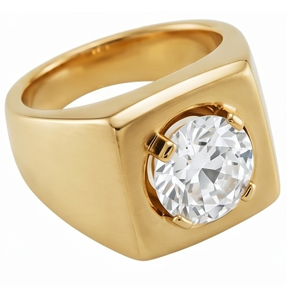 Men’s Old Mine Cut Round Diamond Thick Shank Yellow Gold Ring 2 Carats