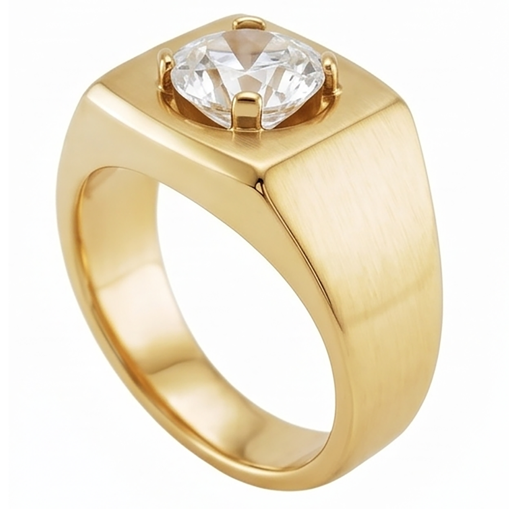 Men’s Old Mine Cut Round Diamond Thick Shank Yellow Gold Ring 2 Carats