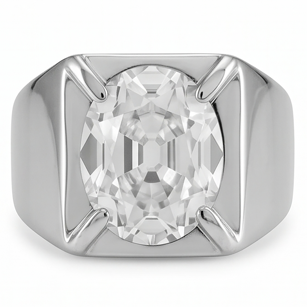 Men's Oval Large Lab Grown Diamond Ring 9 Carats White Gold Jewelry
