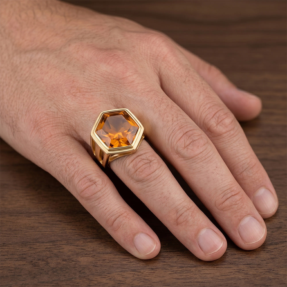 Men's Precious Stone Ring 14K Yellow Gold – Citrine Hexagon 5 ct