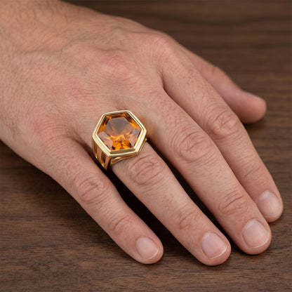 Men's Precious Stone Ring 14K Yellow Gold – Citrine Hexagon 5 ct