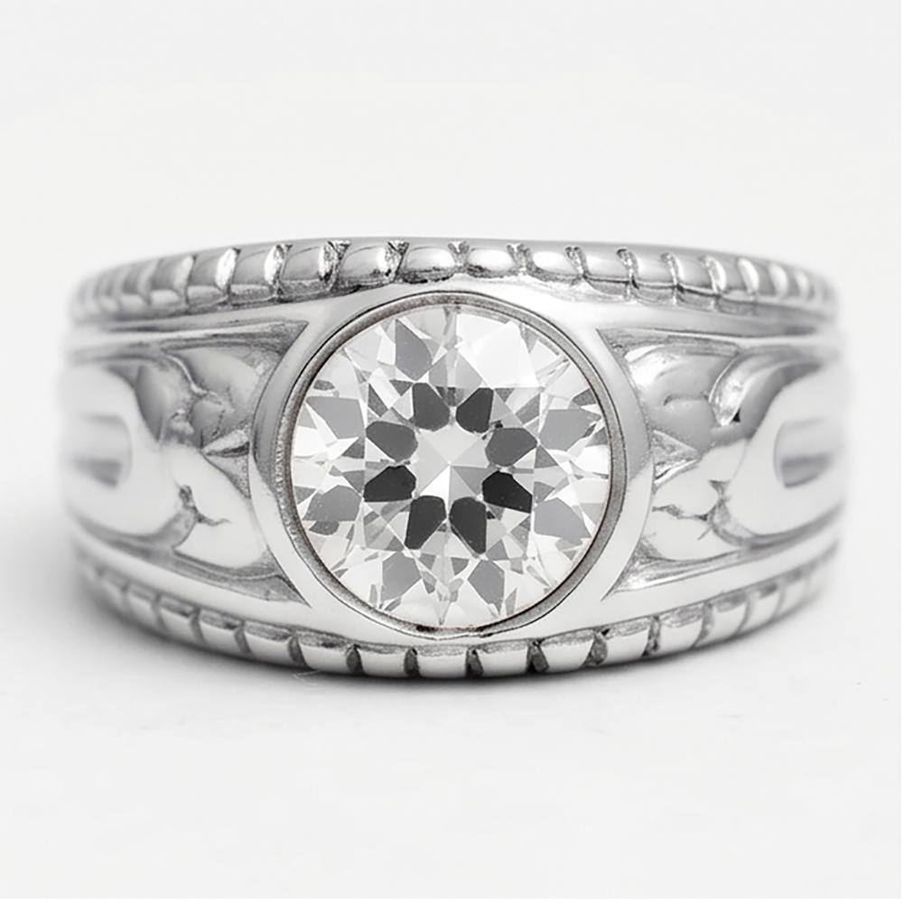 Men’s Round Old Mine Cut Bezel Set Lab Grown Diamond Ring 2 Carats