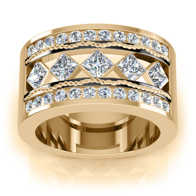 Men's Ring Rope Wave 5 Stone Band Black Gold Accents 3.75 Carats Diamond