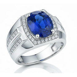 Men's Halo Ring 4 Carats Oval Natural Earth Mined Diamond & Blue Sapphire Jewelry 14K Gold