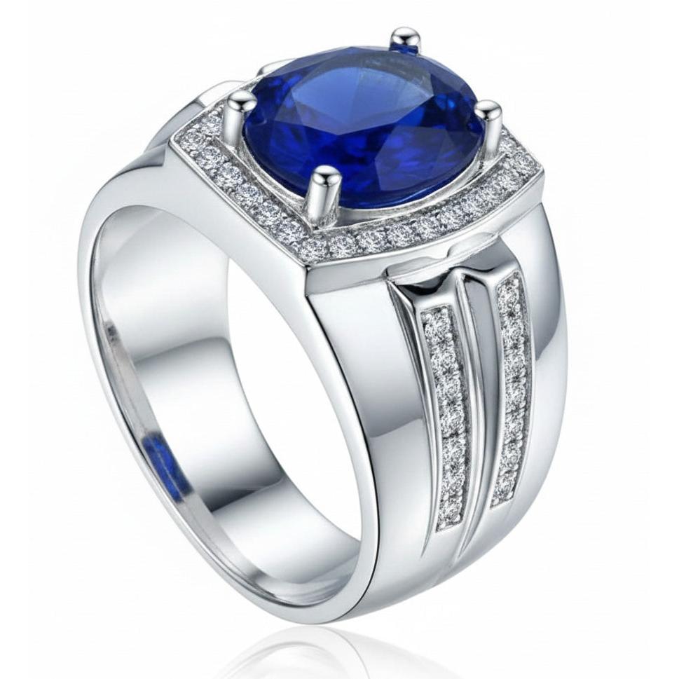 Men's Halo Ring 4 Carats Oval Natural Earth Mined Diamond & Blue Sapphire Jewelry 14K Gold