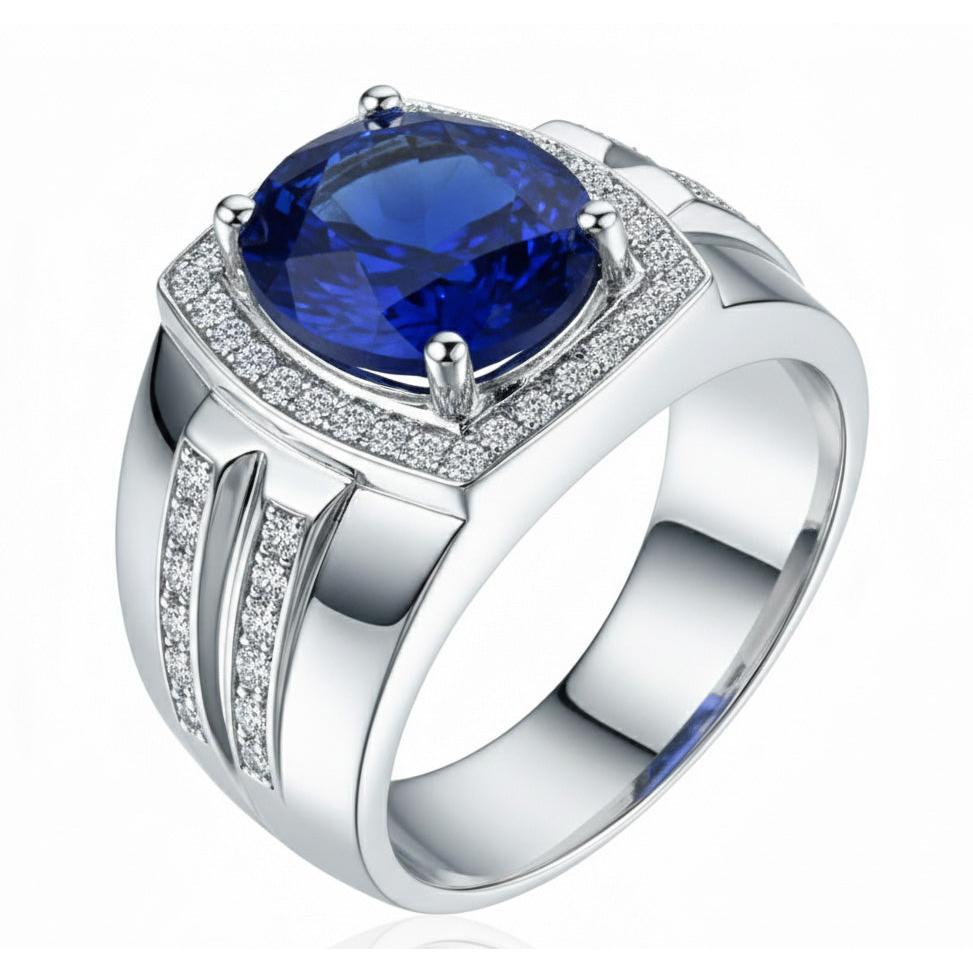 Men's Halo Ring 4 Carats Oval Natural Earth Mined Diamond & Blue Sapphire Jewelry 14K Gold