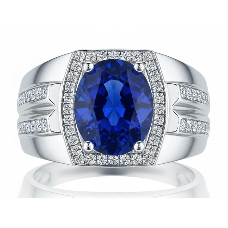 Men's Halo Ring 4 Carats Oval Natural Earth Mined Diamond & Blue Sapphire Jewelry 14K Gold