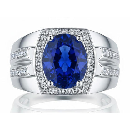 Men's Halo Ring 4 Carats Oval Natural Earth Mined Diamond & Blue Sapphire Jewelry 14K Gold