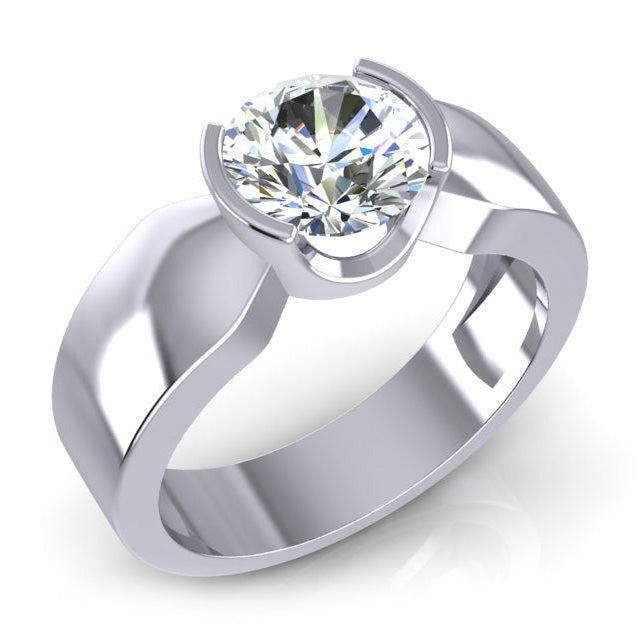 White Gold Men's Solitaire Ring Round Half Bezel 1.75 Carats Lab Grown Diamond
