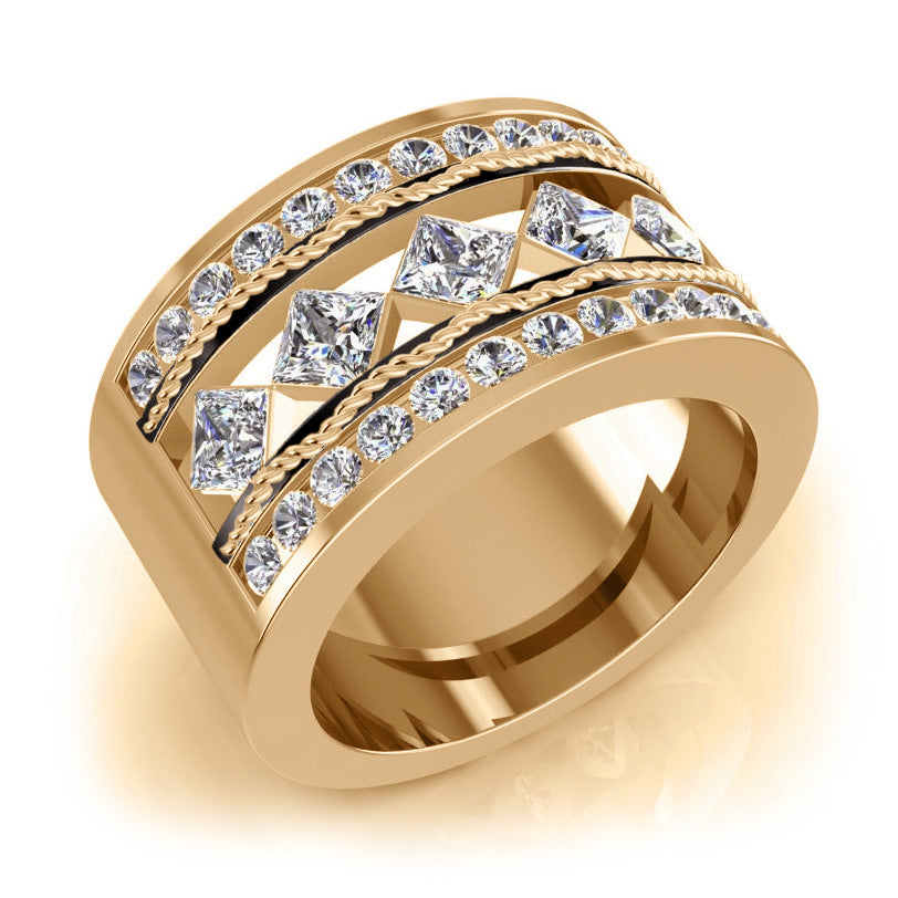 Men's Ring Rope Wave 5 Stone Band Black Gold Accents 3.75 Carats Diamond