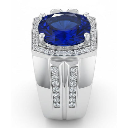 Men's Halo Ring 4 Carats Oval Natural Earth Mined Diamond & Blue Sapphire Jewelry 14K Gold