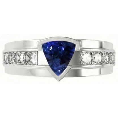 Mens Ring Channel Set Natural Earth Mined Diamond Trillion Half Bezel Blue Sapphire 3 Ct