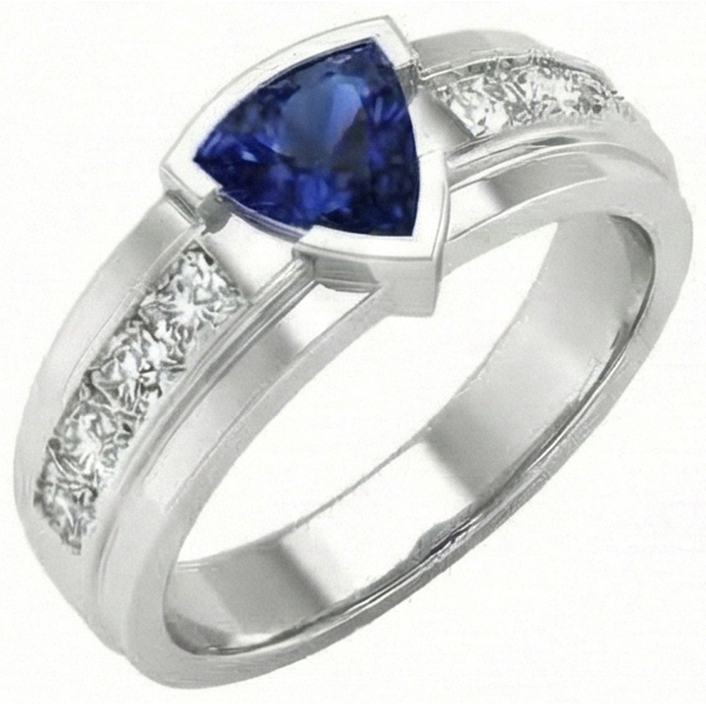 Mens Ring Channel Set Natural Earth Mined Diamond Trillion Half Bezel Blue Sapphire 3 Ct