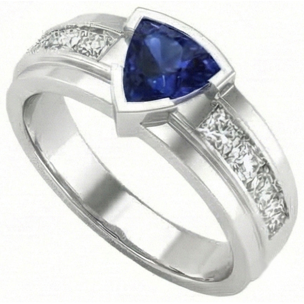 Mens Ring Channel Set Natural Earth Mined Diamond Trillion Half Bezel Blue Sapphire 3 Ct