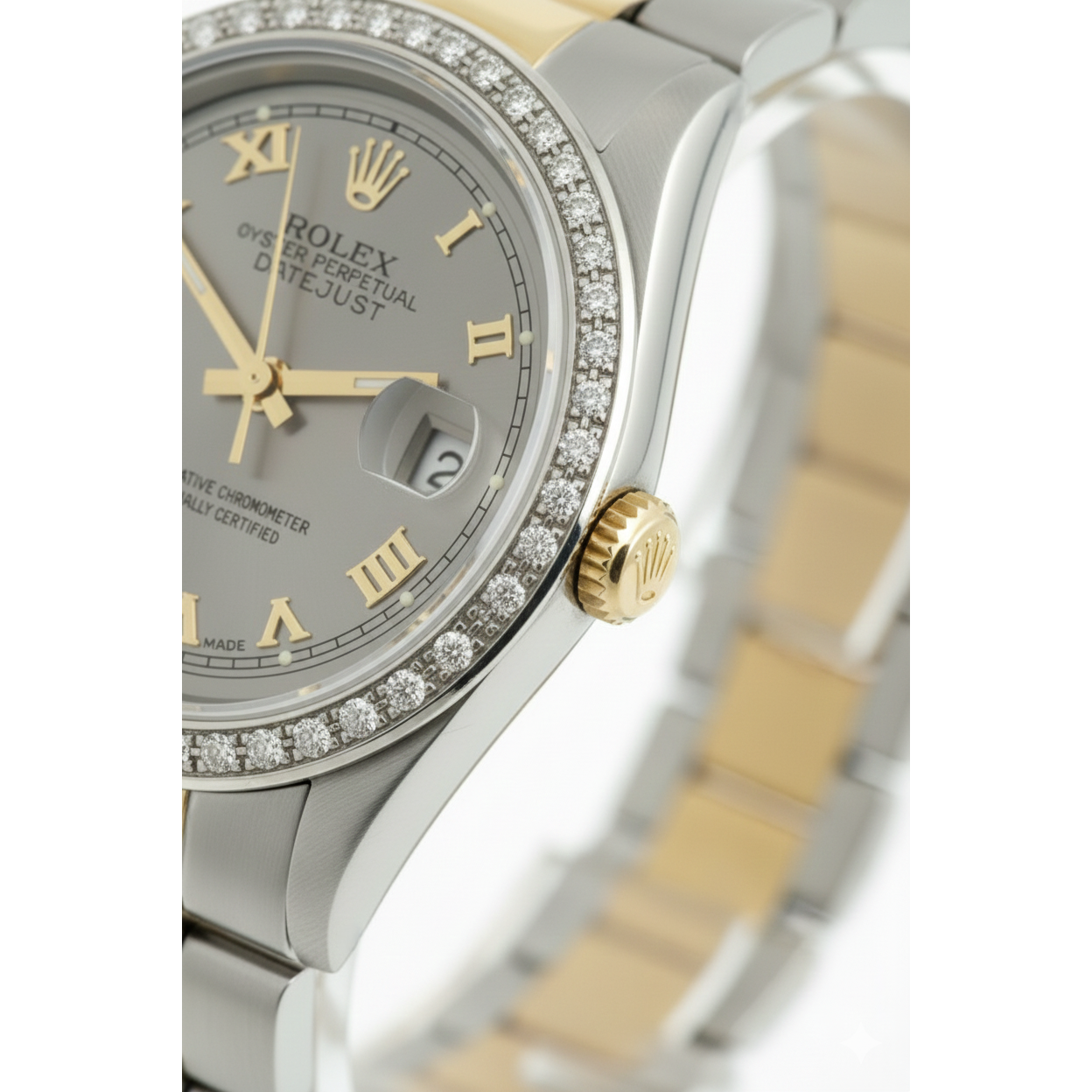 Midsize Rolex Brown  Oyster Bracelet Ss & Gold Gray Roman Dial Watch