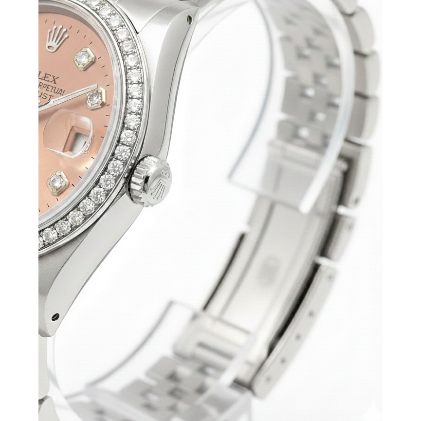 Midsize Rolex Ss Datejust Salmon Diamond Dial Bezel Watch