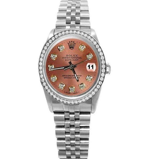 Midsize Rolex Ss Datejust Salmon Diamond Dial Bezel Watch