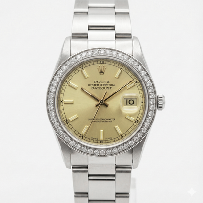 Midsize Rolex Stick Dial Ss Oyster Bracelet Diamond Bezel Watch