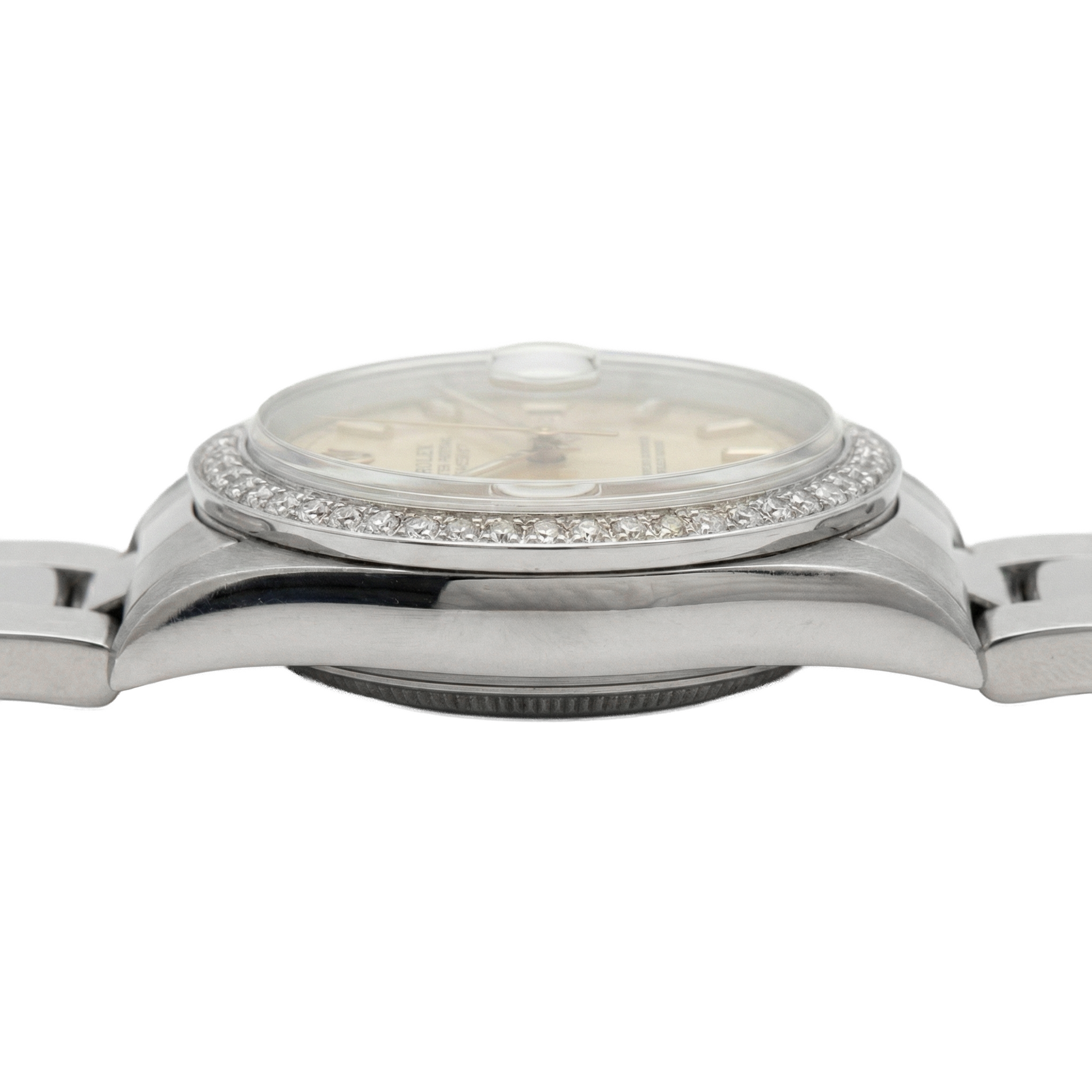 Midsize Rolex Stick Dial Ss Oyster Bracelet Diamond Bezel Watch