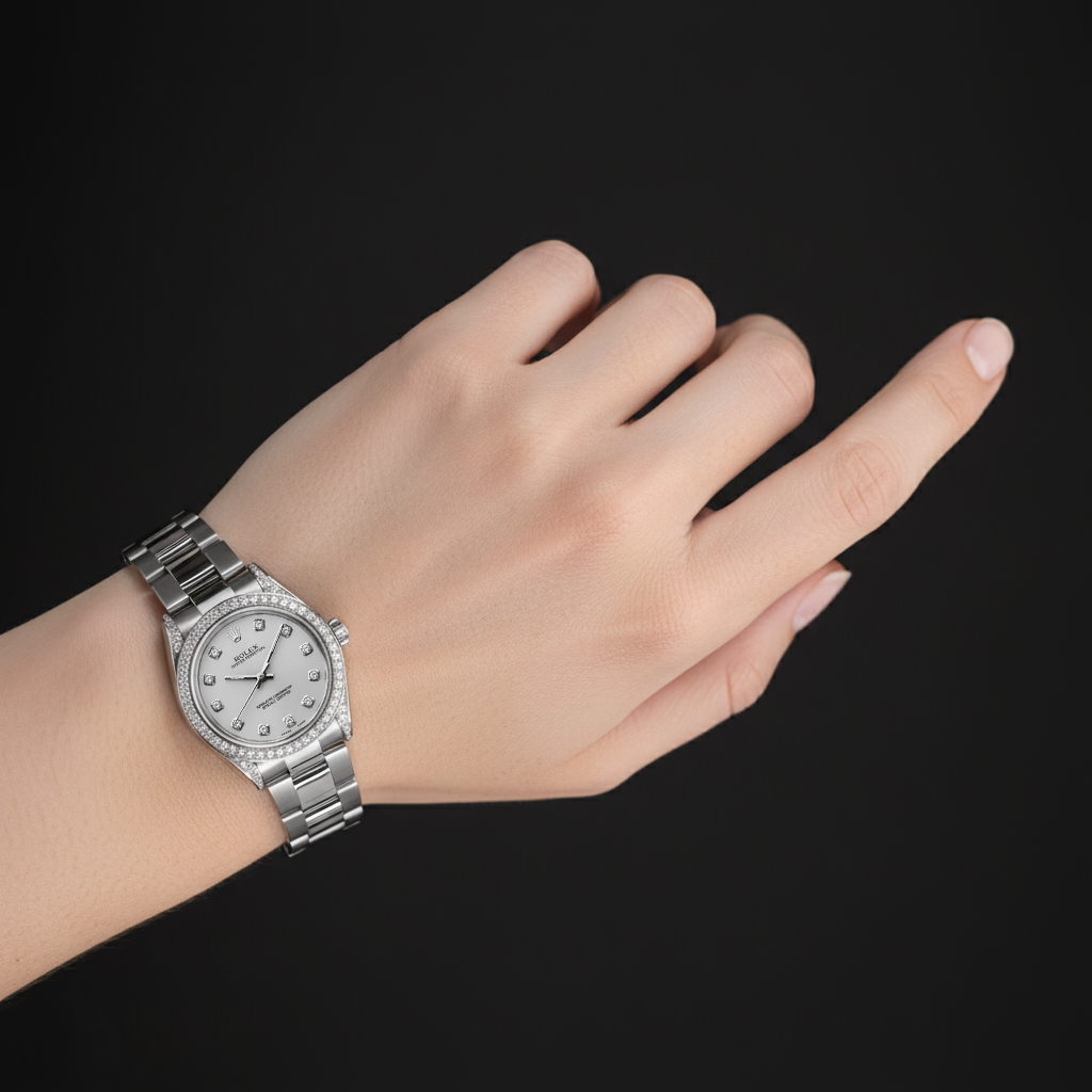 Midsize RolexWatch Custom Diamond Bezel Oyster Bracelet Ss P6