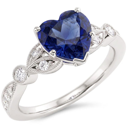 Miligrain Deep Blue Sapphire Ring 3 Carats Round Natural Earth Mined Diamond Leaf Style