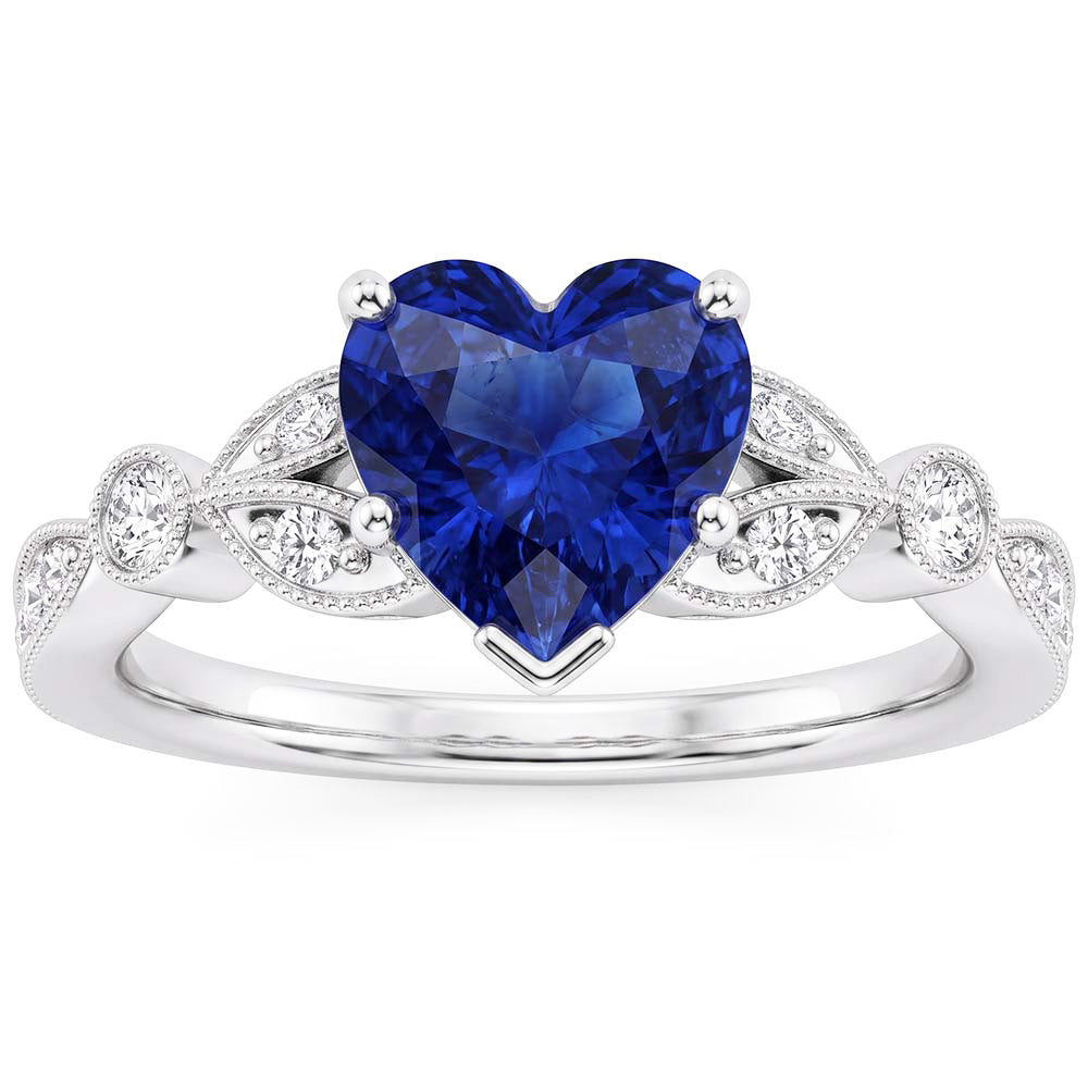 Miligrain Deep Blue Sapphire Ring 3 Carats Round Natural Earth Mined Diamond Leaf Style