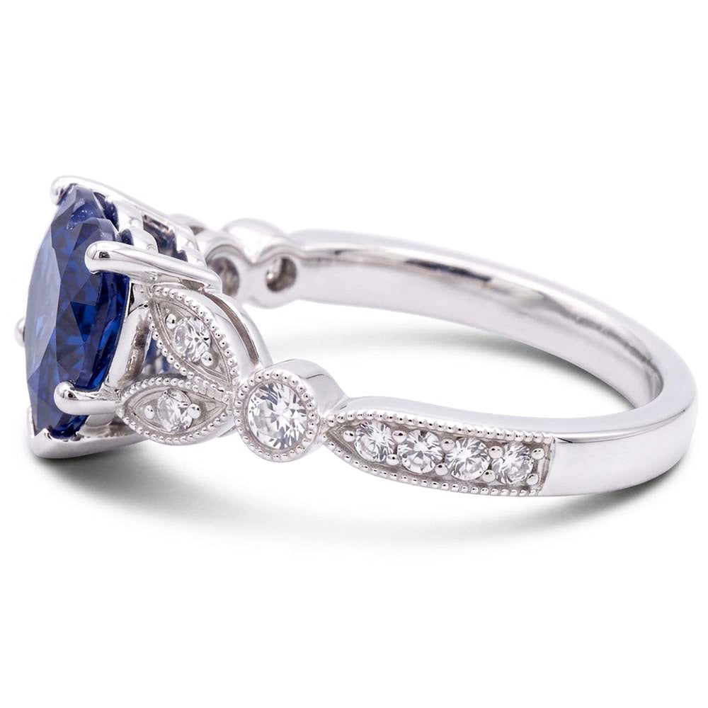 Miligrain Deep Blue Sapphire Ring 3 Carats Round Natural Earth Mined Diamond Leaf Style