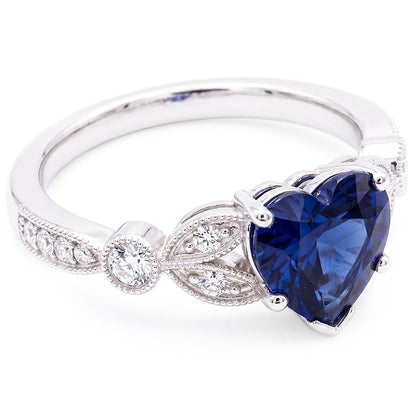 Miligrain Deep Blue Sapphire Ring 3 Carats Round Natural Earth Mined Diamond Leaf Style