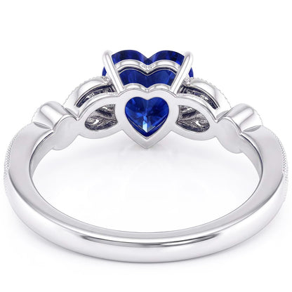 Miligrain Deep Blue Sapphire Ring 3 Carats Round Natural Earth Mined Diamond Leaf Style