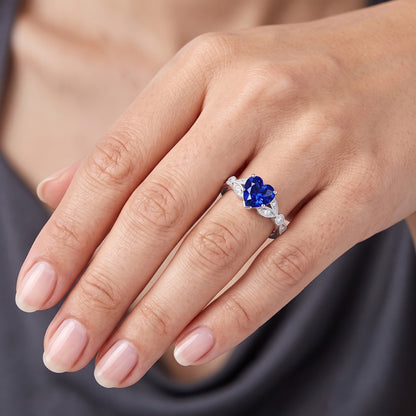 Miligrain Deep Blue Sapphire Ring 3 Carats Round Natural Earth Mined Diamond Leaf Style