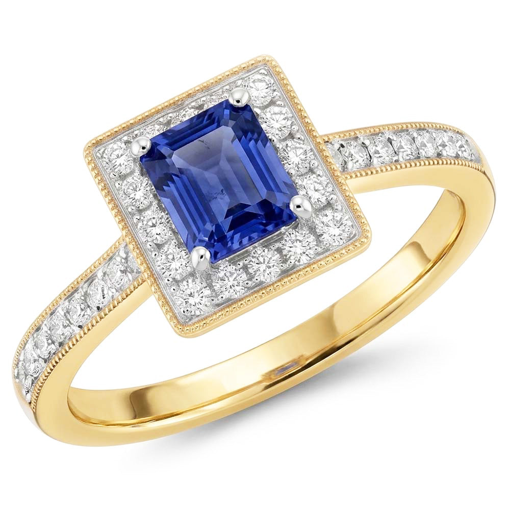 Milligrain Yellow Gold Natural Earth Mined Diamond Ring Halo Ceylon Sapphire 2 Carats