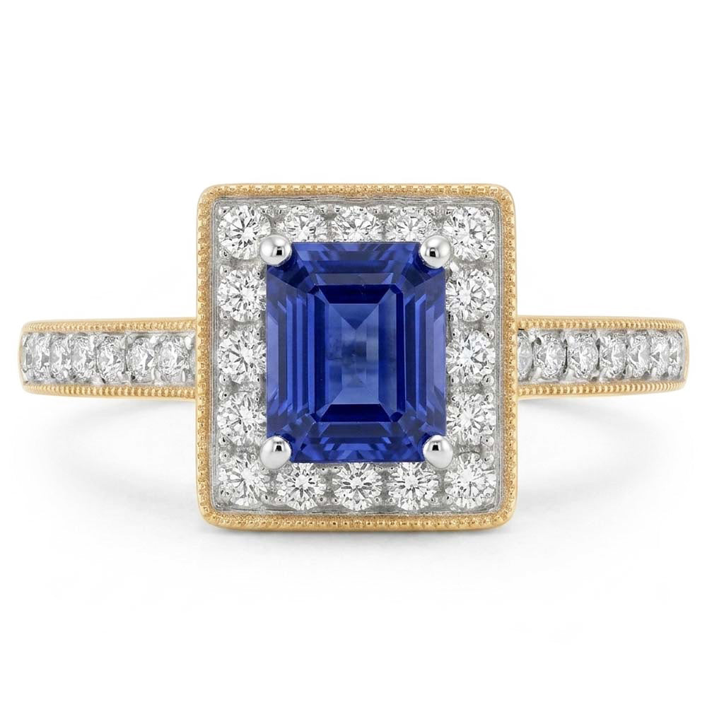 Milligrain Yellow Gold Natural Earth Mined Diamond Ring Halo Ceylon Sapphire 2 Carats