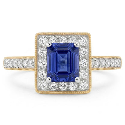Milligrain Yellow Gold Natural Earth Mined Diamond Ring Halo Ceylon Sapphire 2 Carats