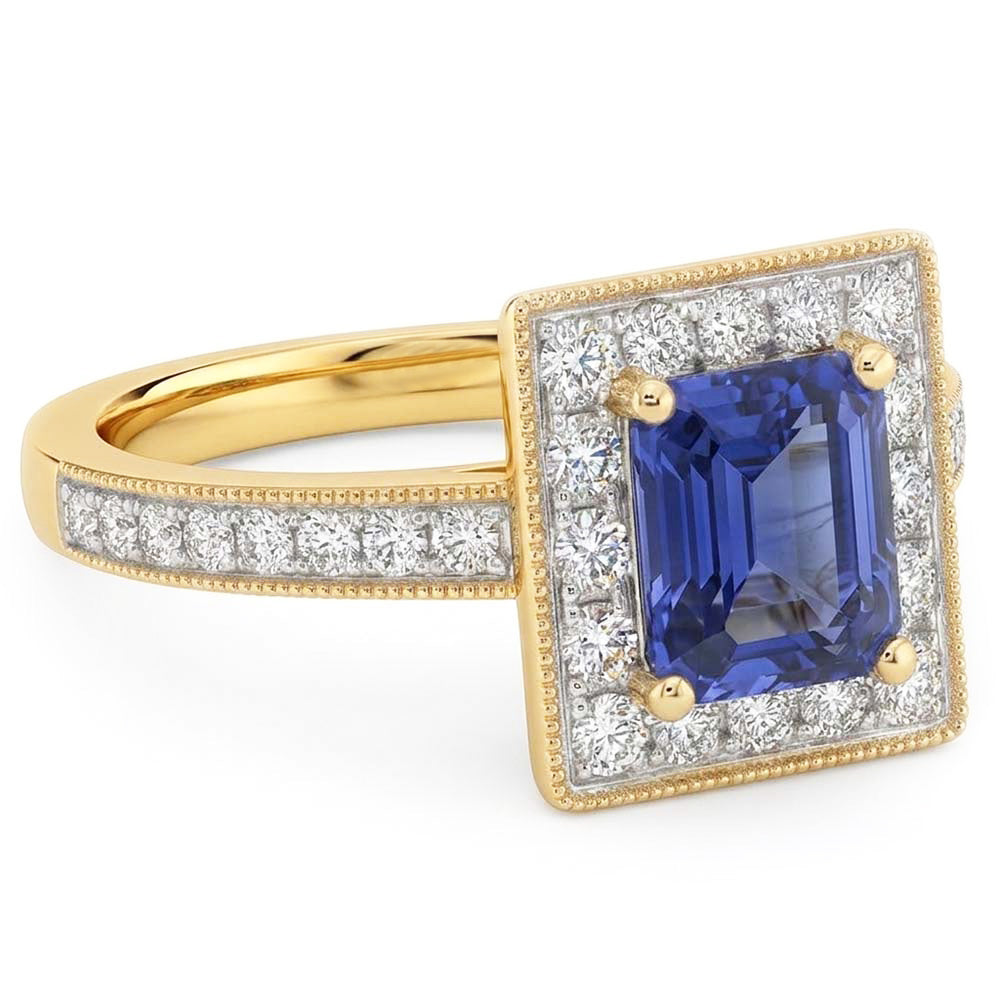 Milligrain Yellow Gold Natural Earth Mined Diamond Ring Halo Ceylon Sapphire 2 Carats