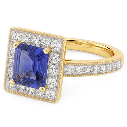Milligrain Yellow Gold Natural Earth Mined Diamond Ring Halo Ceylon Sapphire 2 Carats