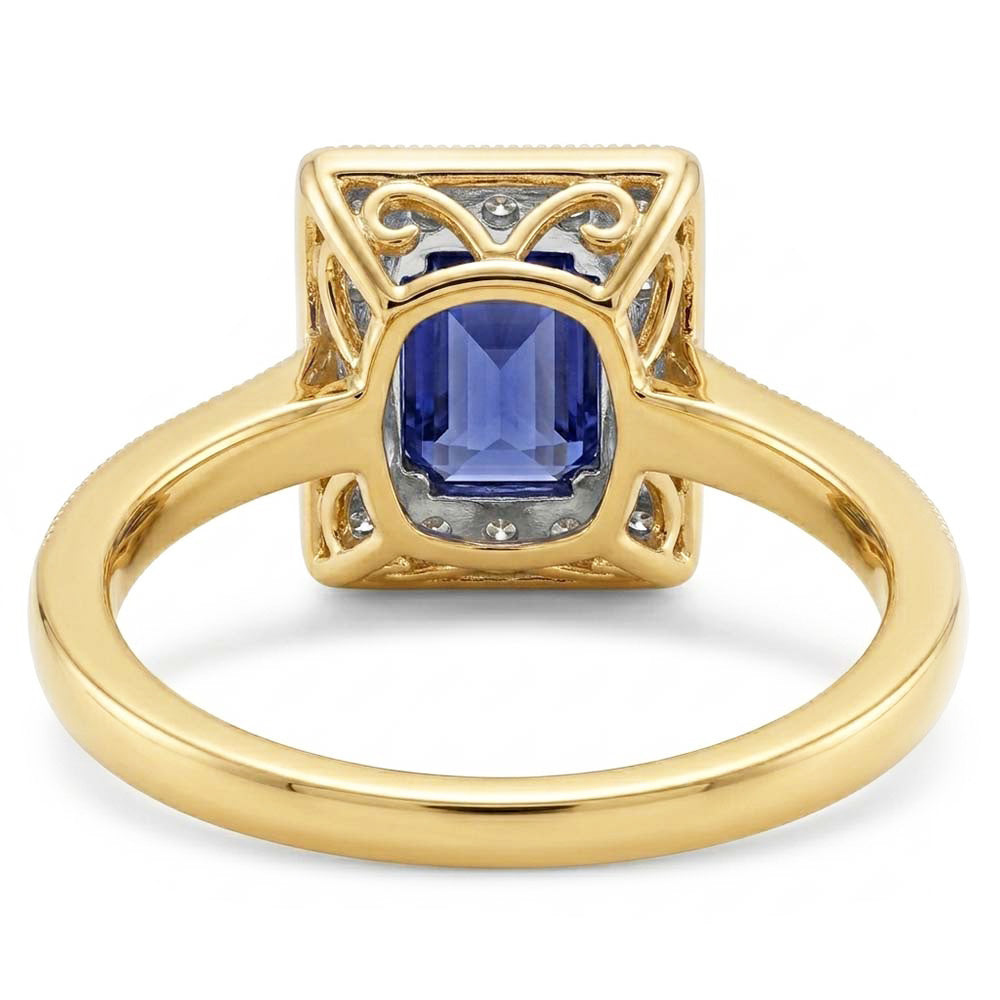 Milligrain Yellow Gold Natural Earth Mined Diamond Ring Halo Ceylon Sapphire 2 Carats