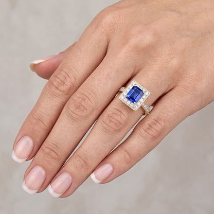 Milligrain Yellow Gold Natural Earth Mined Diamond Ring Halo Ceylon Sapphire 2 Carats