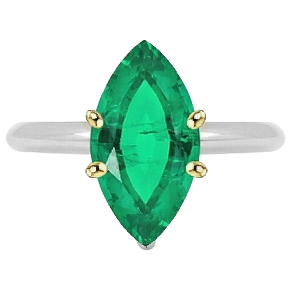 Natural Real ( Not Lab Grown ) Minimalist Green Emerald GIA Ring Solitaire Marquise Cut