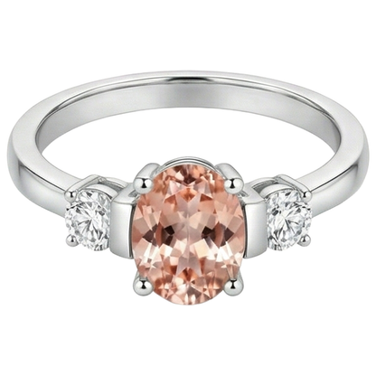 Morganite And Natural Earth Mined Diamonds 9 Carats 3 Stone Wedding Ring White Gold 14K