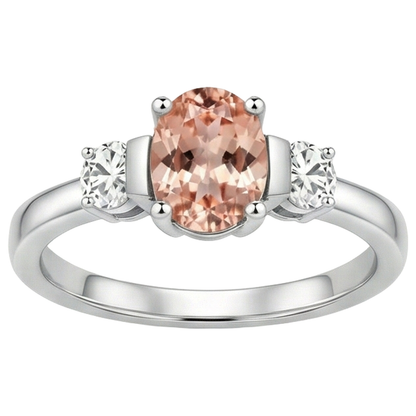 Morganite And Natural Earth Mined Diamonds 9 Carats 3 Stone Wedding Ring White Gold 14K